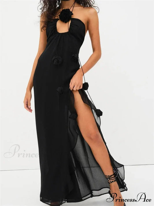 Women 3D Flowers Patchwork Halter Sleeveless Backless High Split Asymmetrical Hem Ruffles Vestidos Black / S