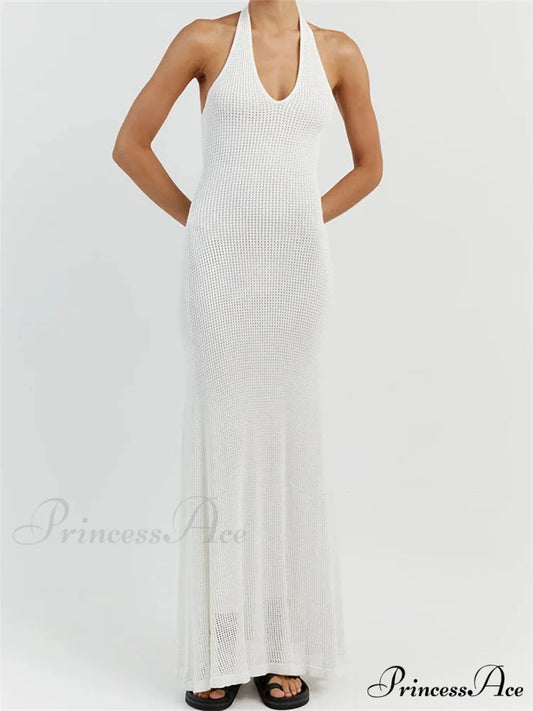 Women Bodycon Solid Deep V Neck Halter Sleeveless Backless Knitted Summer Holiday Beach Vestido WHITE / S