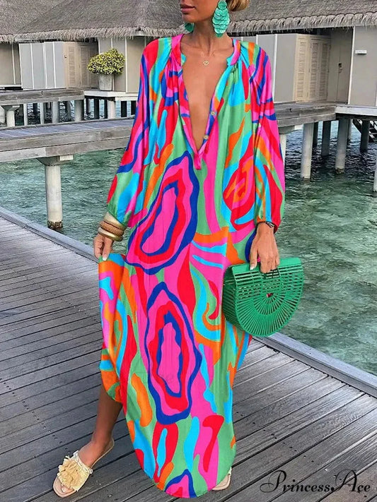 Women Boho Print Long Sleeve Maxi Dress PINK / S