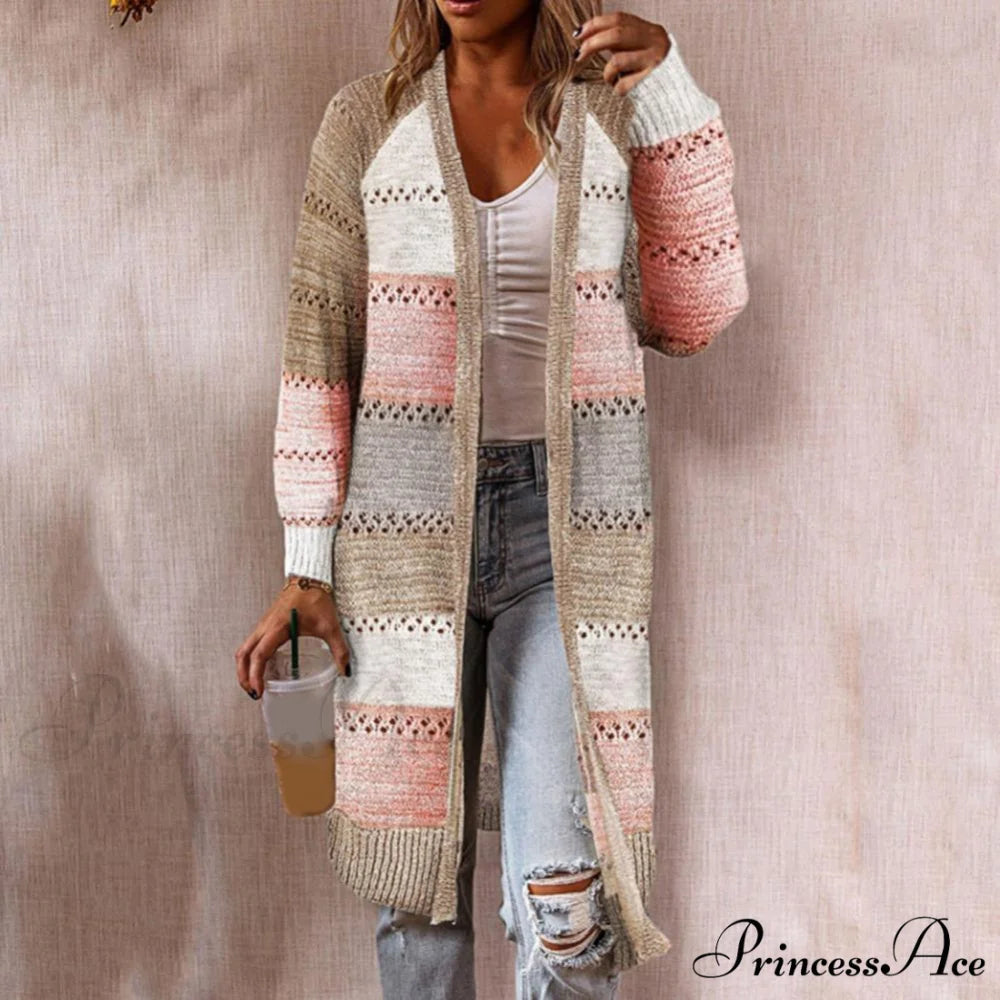 Women Cardigan Striped Comfy Patchwork Polyester Sweater