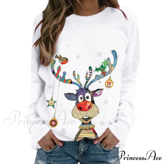 Women Casual Cartoon Print Long Sleeve Sweater white / S
