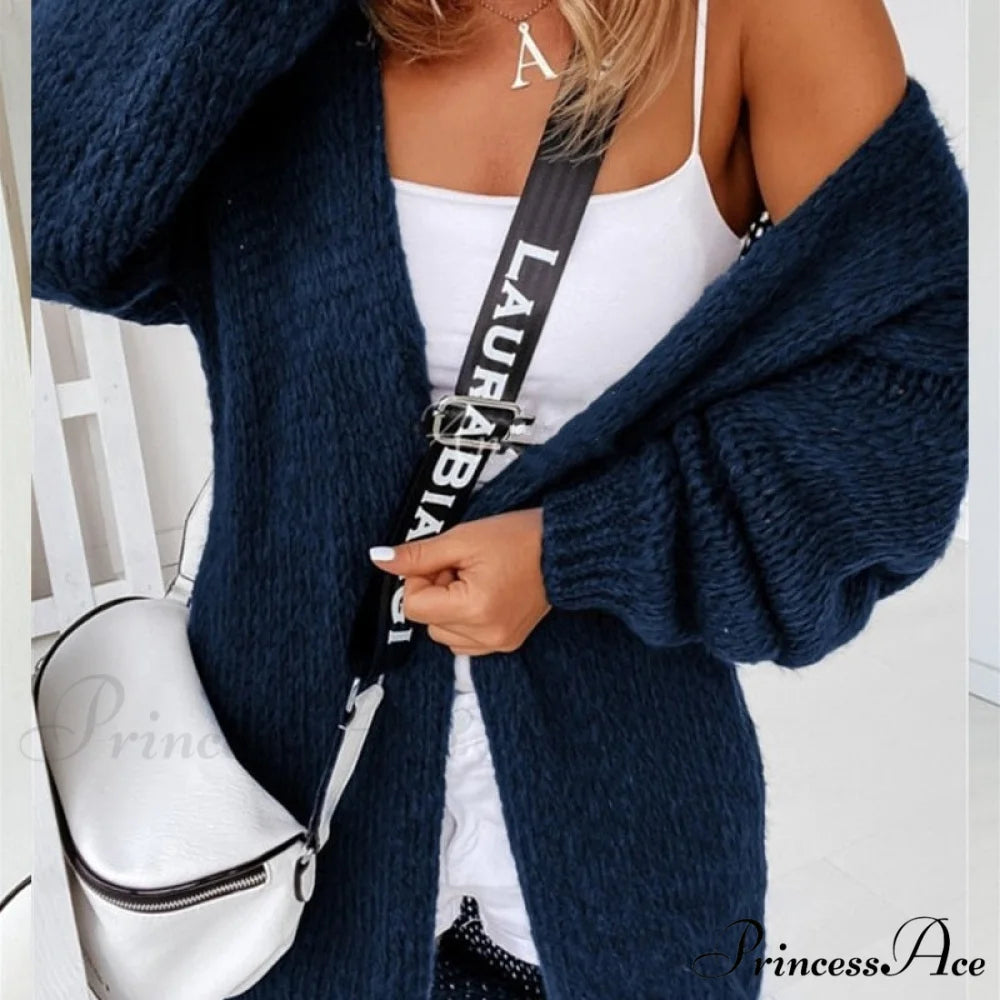Women Casual Long Sleeve Long Sweaters Winter Loose Cardigan 12 Dark blue / S