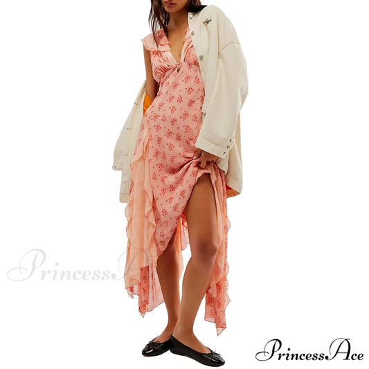 Women Casual Midi Print Ruffles Fly Sleeve V-Neck Holiday Beach Floral Dress ORANGE / S