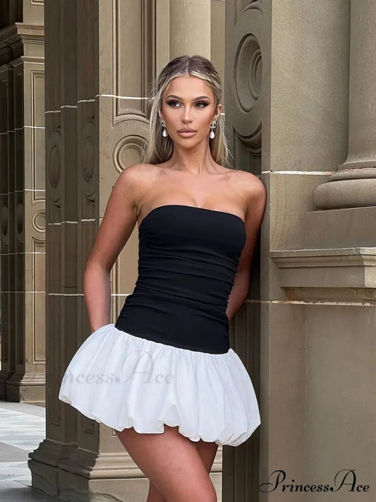 Women Chic Skinny Spliced Backless Flower Bud Mini Sexy Christmas Party Dress black white / S