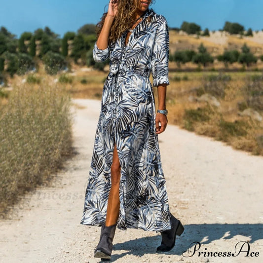 Women Chiffon Button Shirt Dress Blue / S