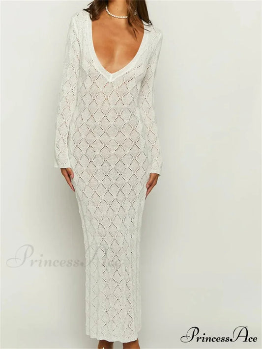 Women Crochet Knitted Sleeve Hollow Out V-neck Backless Lace-up Beach Cover Ups Summer Vestidos WHITE / S
