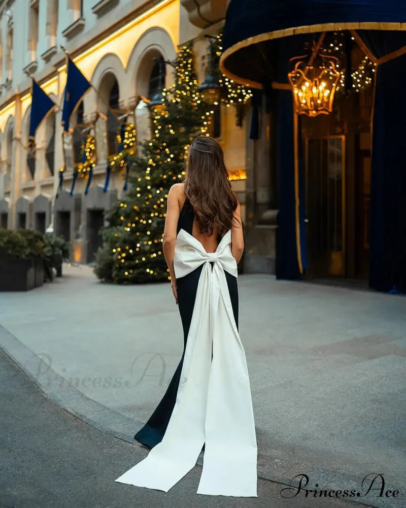 Women Elegant Back Trailing Bow Tie Maxi Dress Christmas Party Dress black white / S
