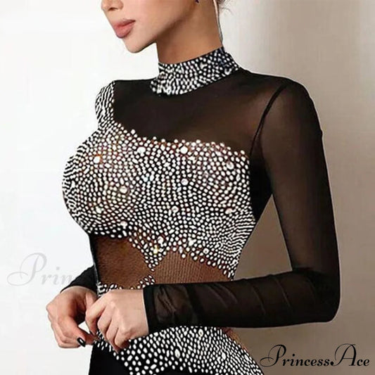 Women Elegant Rhinestone Decor Mesh Bodycon Dress