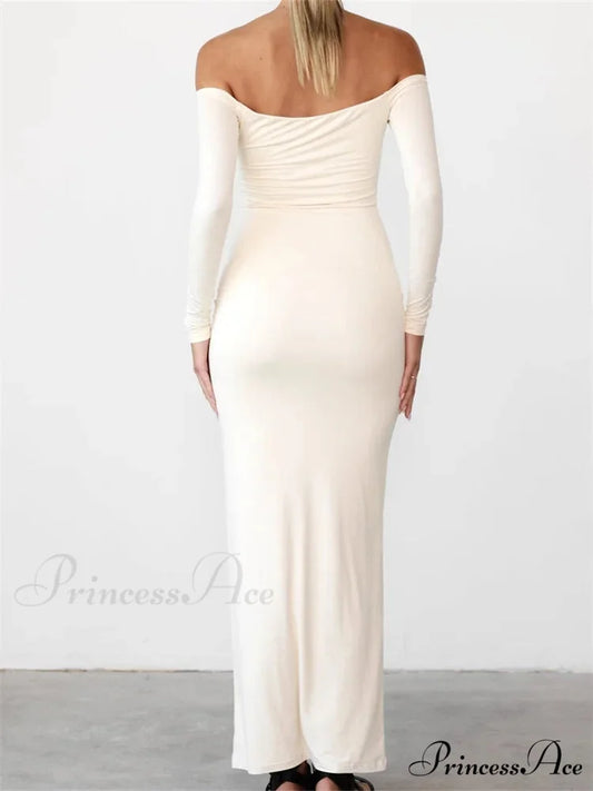 Women Elegant Slash Neck Off-shoulder Solid Color Slim Fit Fall Cocktail Party Female Vestidos