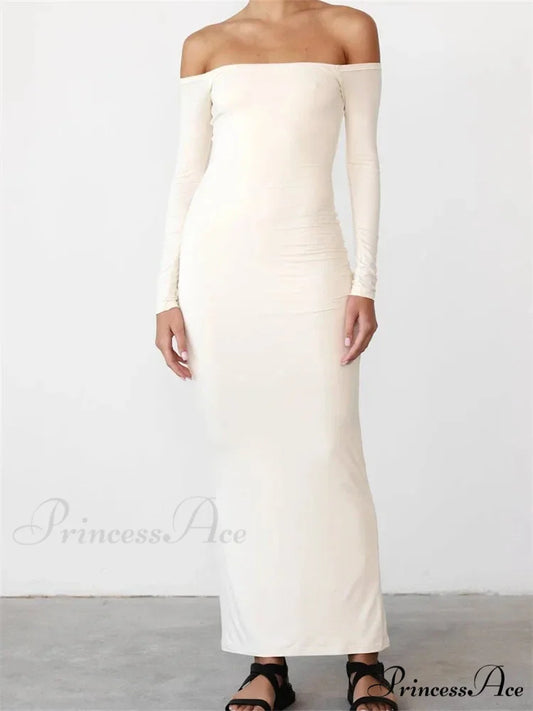 Women Elegant Slash Neck Off-shoulder Solid Color Slim Fit Fall Cocktail Party Female Vestidos WHITE / S