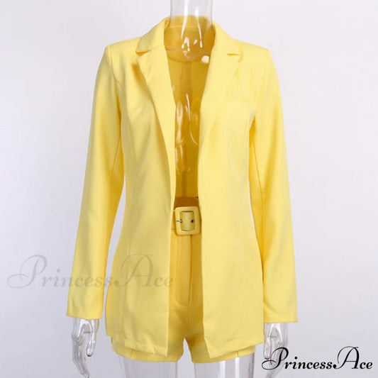 Women Fashion Elegant Two Piece Blazer Set Yellow / S