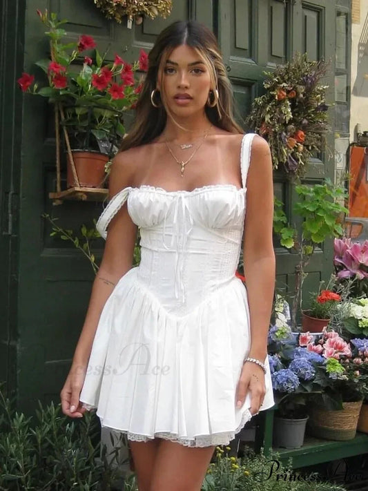 Women Festive Clothing Up A Lace Spaghetti Line White Gown Mini Party Elegant Strap Casual Warm-Season 2024