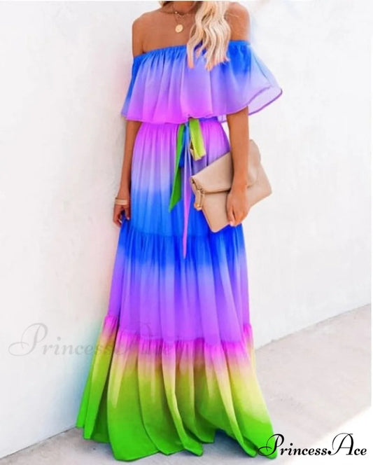 Women Gown Flowered Shoulder Streetwear Warm-Season for Off White - Elegant Casual Party The Long Style Blue / XXL