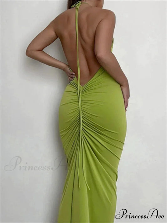 Women Halter Tie-up Backless Slim Fit Solid Ruched Summer Party Sleeveless Off Shoulder Vestido Green / S