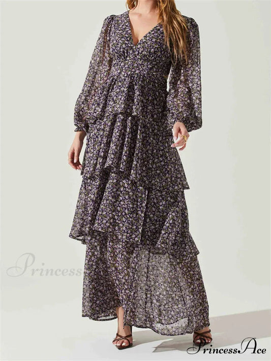 Women High Split Floral Print Puff Sleeve V Neck Layered Ruffles Hem Spring Fall Vestidos BLACK / S