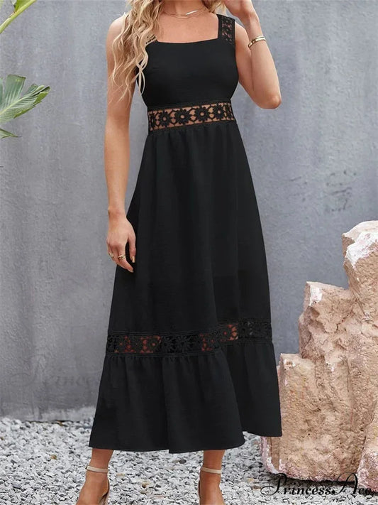 Women Hollow Out Lace Floral Patchwork Square Neck Sleeveless Party Beach Club Summer Streetwear New Black / S