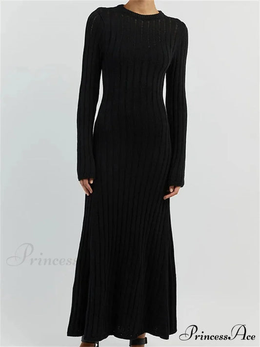 Women Knitted Ribbed Casual Spring Autumn Sleeve Party Beach Cocktail Club Vestidos Streetwear BLACK / S