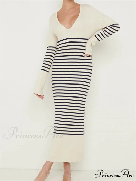 Women Knitted Sleeve Deep V Neck Striped Slim Fit Spring Autumn Female Vestidos Streetwear WHITE / S