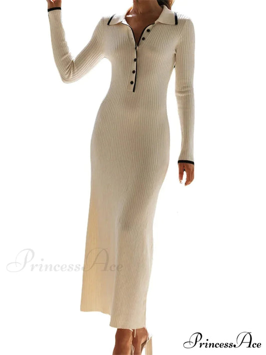 Women Knitted Sleeve Turn-down Neck Buttons Up Ribbed Party Slim Fit Fall Female Vestidos WHITE / S