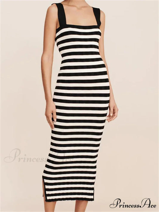 Women Knitted Sleeveless Square Neck Striped Print Beach Tank Side Split Summer Female Vestidos BLACK / S