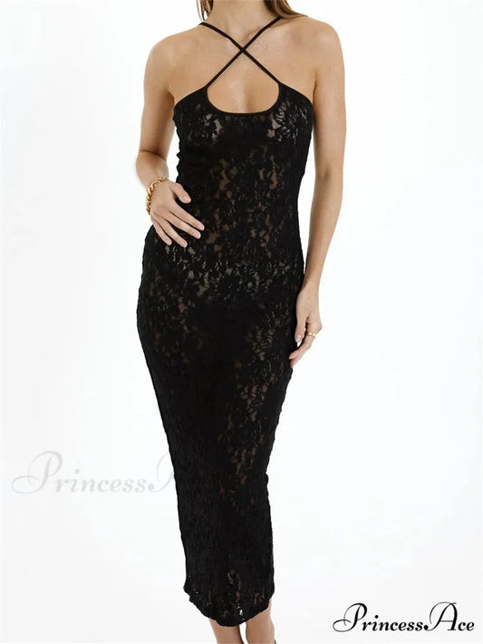 Women Lace Floral See Through Mid Elegant Sleeveless Criss-cross Off Shoulder Party Summer Vestidos