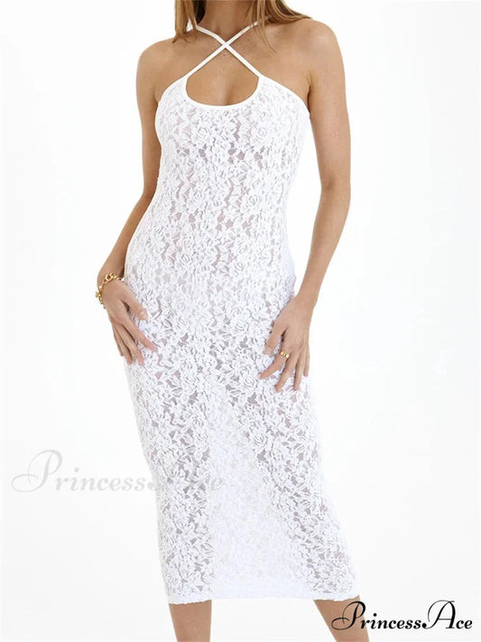 Women Lace Floral See Through Mid Elegant Sleeveless Criss-cross Off Shoulder Party Summer Vestidos WHITE / S