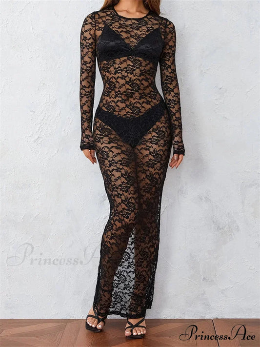 Women Lace Floral See Through Vintage Sleeve Round Neck Solid Back Split Party Female Vestidos BLACK / S