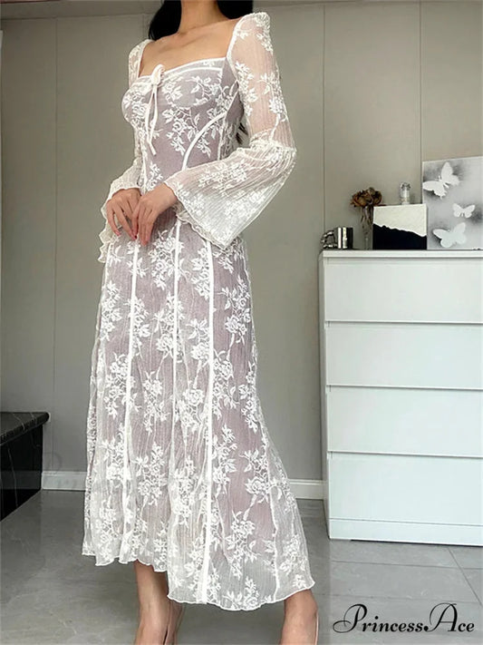 Women Lace Flower Flare Sleeve Square Neck Tie-up Spring Fall Solid Party Female Vestidos WHITE / S