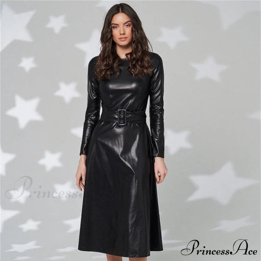 Women Long Sleeve Slim Fit PU Dress black / S