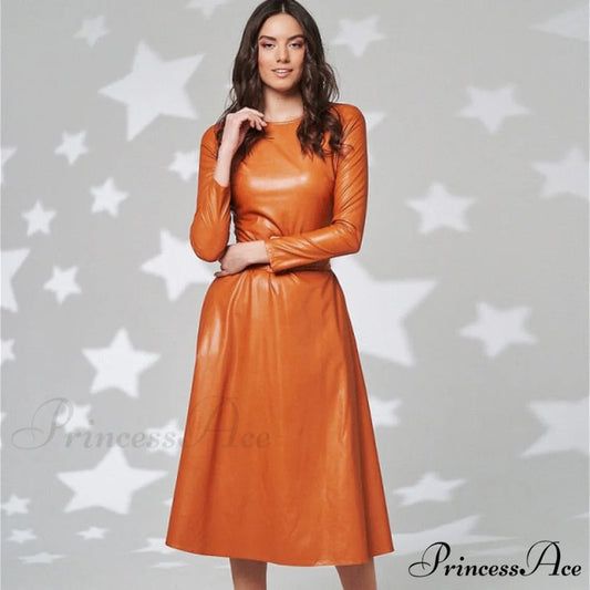 Women Long Sleeve Slim Fit PU Dress Orange / S