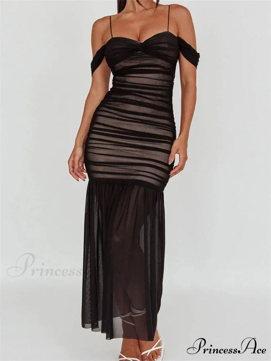 Women Mesh Sheer See Through Low Cut Off Shoulder Strap Backless Ruched Summer Party Vestidos BLACK / S