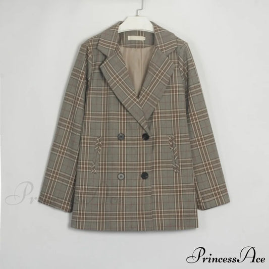 Women Plaid Casual Blazer Khaki 2 / S