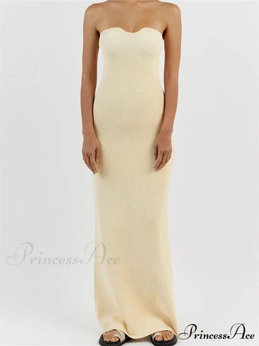 Women Ribbed Tube Summer Knitted Strapless Backless Sleeveless Solid Color Bodycon Party Vestidos WHITE / S