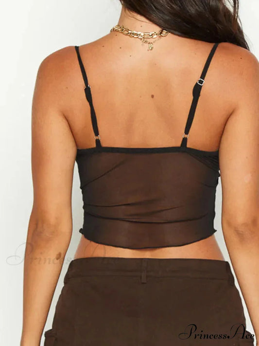 Women See Through Mesh Crop Cami Y2k Ruffle Frill Backless Sleeveless Spaghetti Strap Camisoles Party Tank top