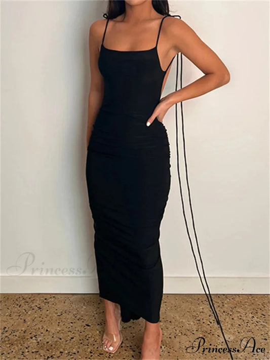 Women Sexy Backless Ruched Adjustable Lace-up Strap Slim Elegant Solid Party Female Vestido Clubwear Black / S