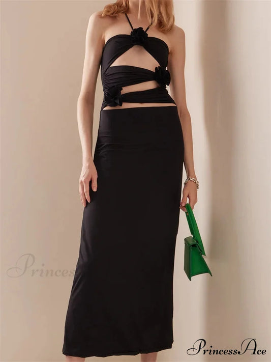 Women Sexy Halter Hollow Out Y2K Off Shoulder Backless Slim 3D Flowers Vestidos Night Party Clubwear Black / S