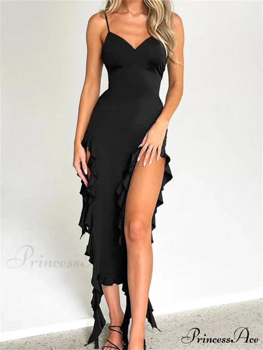 Women Sexy Ruffle Hem Sleeveless Strap Tassels Ruched Bodycon Party V-neck High Split Fairy Vestidos BLACK / S