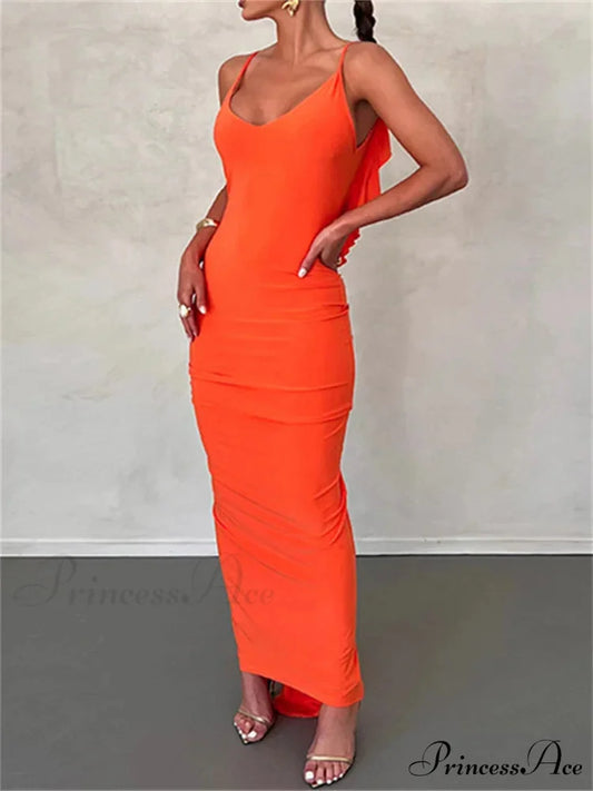Women Sexy Spaghetti Strap Backless Bodycon V-neck Ruffles Ruched Party Evening Clubwear Vestidos