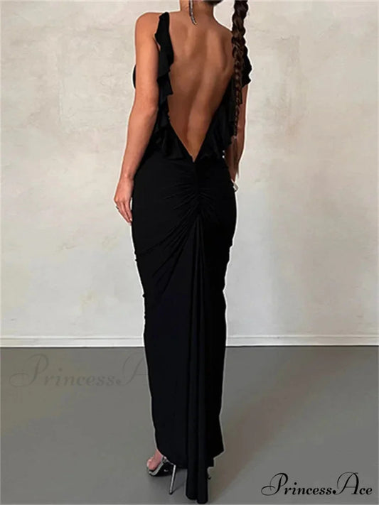 Women Sexy Spaghetti Strap Backless Bodycon V-neck Ruffles Ruched Party Evening Clubwear Vestidos Black / S