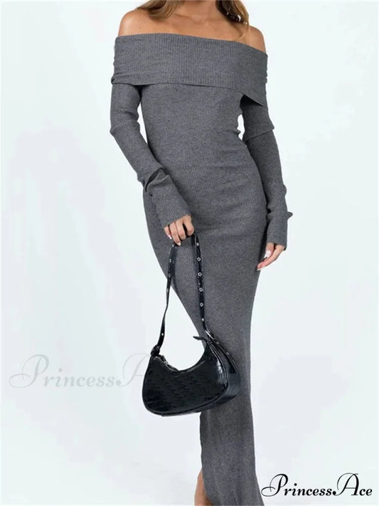 Women Slash Neck Off Shoulder Solid Back Split Hem Casual Sleeve Party Club Vestidos Streetwear GRAY / S