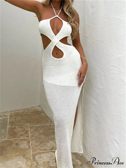 Women Sleeveless Off Shoulder Halter Cutout Backless Summer Backless Party Beach Club Vestidos WHITE / S