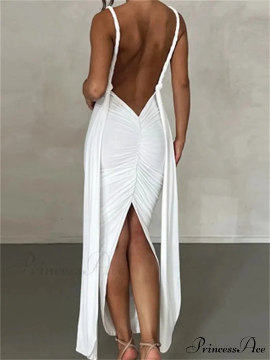 Women Sleeveless Strap Solid Color Deep V-neck Backless High Split Summer Party Ruched Vestidos WHITE / S
