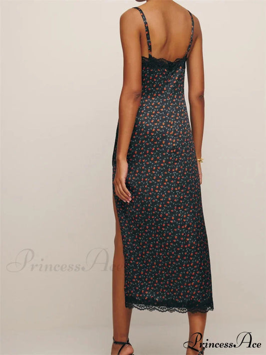 Women Sleeveless Strap Summer Lace Patchwork V Neck Backless Split Party Cocktail Beach Streetwear