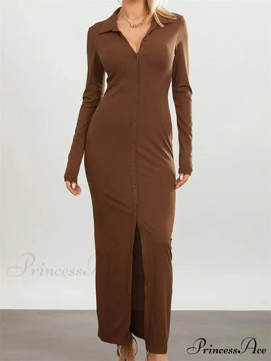 Women Slim Fit Sleeve Button Down Turn Down Collar Evening for Spring Fall Female Vestidos BRWON / S