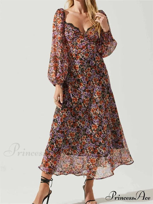 Women Spring Fall Vintage Floral Print V-neck Puff Sleeve Fashion Backless Holiday Vestido