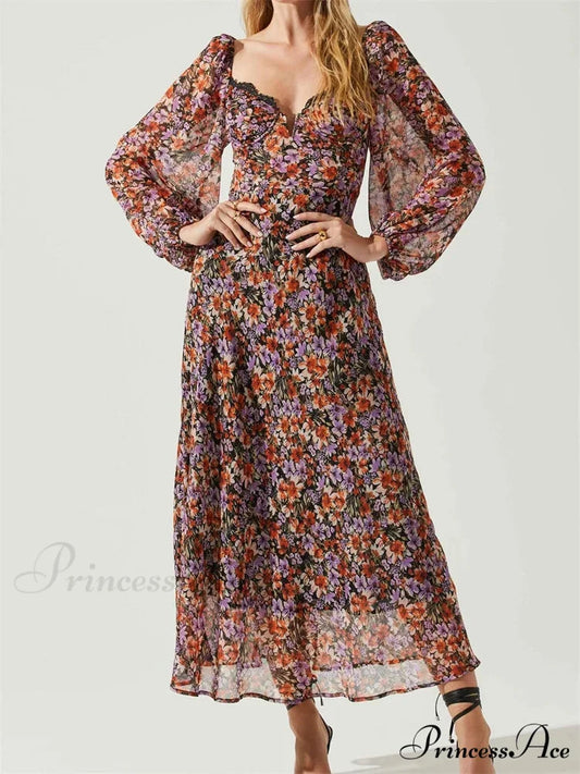 Women Spring Fall Vintage Floral Print V-neck Puff Sleeve Fashion Backless Holiday Vestido RED / S