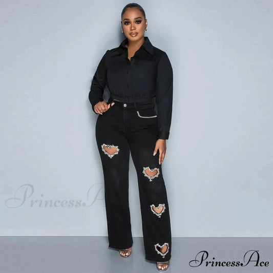 Women Straight Heart Diamond Hollow Out Pockets Vintage Denim Casual Y2K Harajuku Fashion 2024 Jeans Black / S