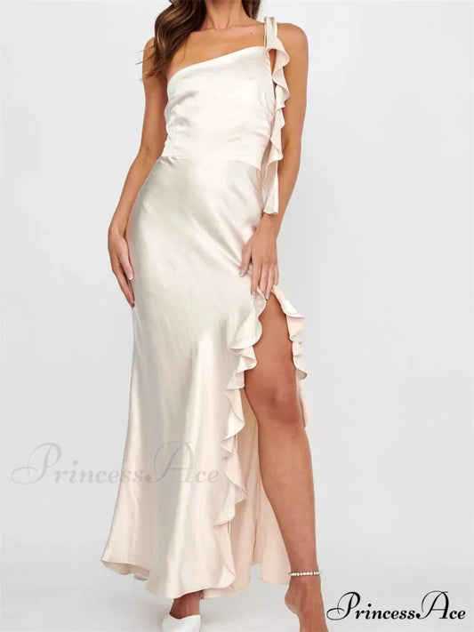 Women Summer Evening Sleeveless Strap Backless Off Shoulder High Split Ruffles Party Female Vestidos WHITE / S