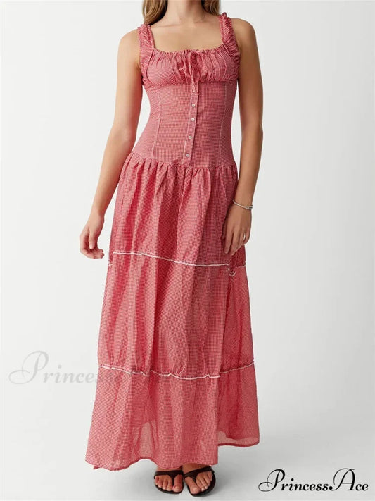 Women Summer Sleeveless Tank Casual Plaid Print Ruffles Party Cocktail Beach Street Ruched Vestidos RED / S