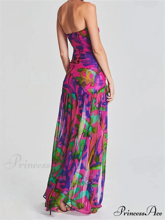 Women Tube Slim Strapless Off Shoulder Mesh Patchwork Leopard Floral Print Split Party Club Vestidos